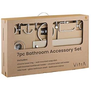 Vitra Bathroom Accessory Set - 7 Piece Complete Bathroom Toilet Set - Towel Ring, Soap Dish, Toothbrush Holder, Toilet Roll Holder, Robe Hook, Glass Shelf and Bathroom Mirror - Chrome