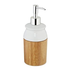 Relaxdays Soap Dispenser, Refillable, Lotion Container with Pump, Bamboo & Ceramic, Bathroom, 225 ml, Natural/White, Plastic, 20.5 x 7.5 x 7.5 cm