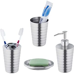 Relaxdays 4-Piece Bathroom Accessory Set, Polished Stainless Steel, soap Dish, Dispenser, Tumbler, Modern Design, Silver, 17 x 7 x 7 cm