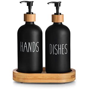 HULISEN Dish Soap Dispenser Set with Bamboo Tall Tray, Kitchen Soap Dispenser Set, Matte Hand and Dish Soap Dispenser Set for Modern/Boho/Farmhouse Kitchen Decor (Black)