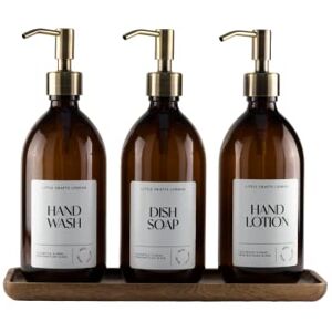 Little Crafts London Set Of 3 Reusable Amber Glass Bottles 500 ML With Stainless Steel Pump And Acacia Wood Tray - Hand Wash Bottle - Dish Soap Bottle - Hand Lotion Bottle (Bronze 3)