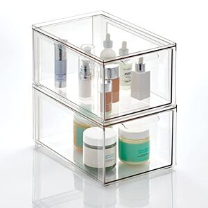 mDesign Storage Box – Deep Stackable Plastic Container with Pull-Out Drawer – Bathroom Organiser Box for Toiletries, Makeup and Beauty Products – Set of 2 – Clear