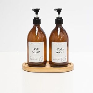 Little Crafts London Set of 2 Amber Glass Bottles With Pump, 500 ML Soap Dispenser Kitchen Set Hand Wash Set with Bamboo Tray Pump Bottle Dispenser (BPA-Free) Brown Glass Empty Soap Dispensers