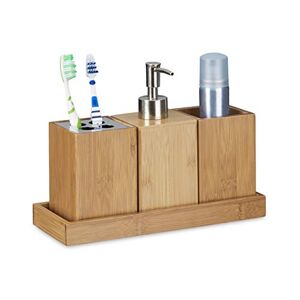 Relaxdays Bath Accessory 4-Piece Set, Bamboo, Toothbrush Holder, Soap Dispenser, Soap Dish, Holder, Natural