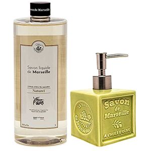 LA MAISON DU SAVON Maison Du Savon De Marseille - Natural Liquid Soap with Green Ceramic Soap Dispenser - 1 Litre Refill and 300 Millilitre Dispenser