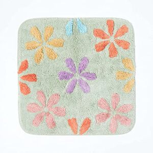 HOMESCAPES Super Absorbent Soft Pastel Green, Pink, Purple, Yellow, Orange and Blue Cotton Shower Mat with Flower Pattern and Non Slip Latex Backing, 50 x 50 cm Square Bathmat Machine Washable