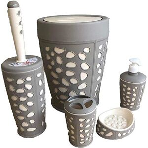 Nozha Trade MERWY - Bathroom Accessories Set Complete, 5 Piece Stone Pattern Bathroom Sets Accessories Bath Accessories Set with Soap Dispenser Toothbrush Holder Toilet Brush Soap Dish and Trash Bin (Grey-Cream)