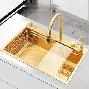 GeRRiT Kitchen tap Sink Gold Kitchen Sink Waterfall with Pull-Chopping Board Out Tap and Chopping Board -Household Sink (Color : Gold, Size : 68x46cm)