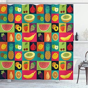 ABAKUHAUS Retro Shower Curtain, Pop Art Grunge Style Fruits Colorful Vintage Set Organic Style Food Vegan Pattern, Cloth Fabric Bathroom Decor Set with Hooks, 78 Inches, Multicolor