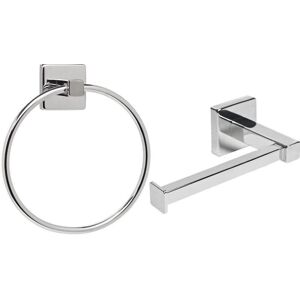 Home Treats Silver Square Bathroom Toilet Roll Holder & Towel Ring Set
