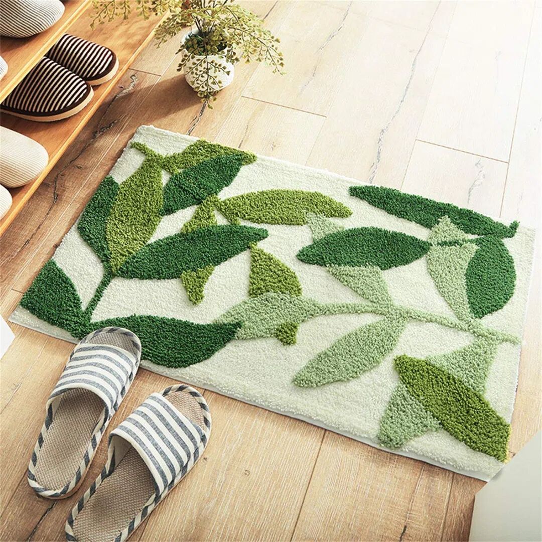 Photos - Towel Levi Beer Cinambei Non-Slip Bath Mat, Green Leaf Bathroom Floor Mat Super