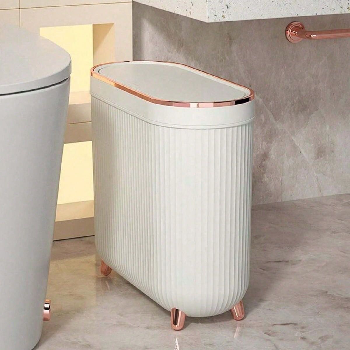 SHEIN 12L Pedal-Operated Trash Can, Odor-Sealing & Waterproof, Stylish Golden Detailing, Versatile For Home, Office, Or Bathroom Use Bathroom Garbage Can Cleat With Cover Toilet Household Light Luxury Narrow Small Sealed Cylinder Living Room Bedroom Bathr