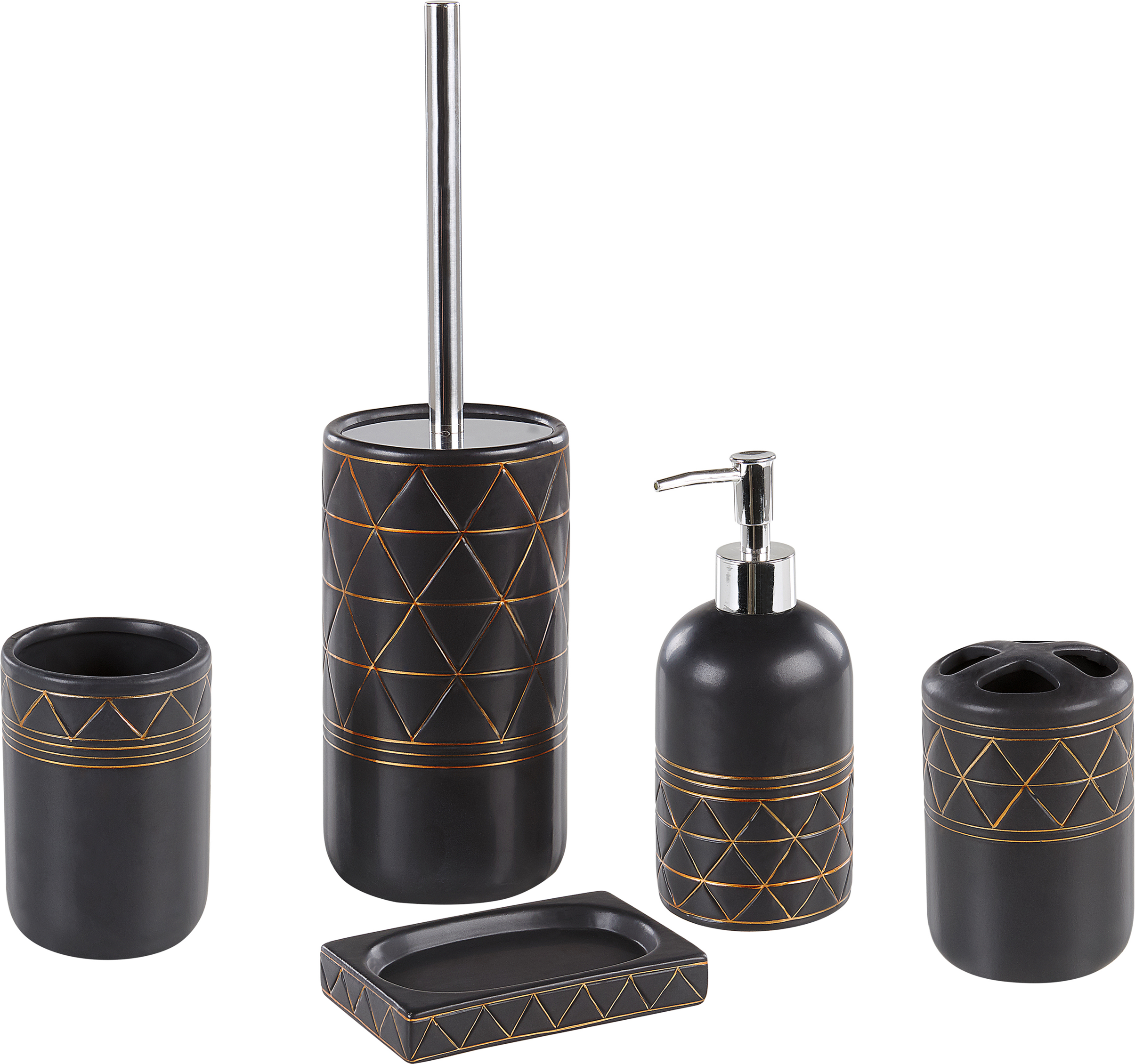 Beliani Bathroom Accessories Set Black Gold Ceramic Art Deco Soap Dispenser Toilet Brush Tumblers