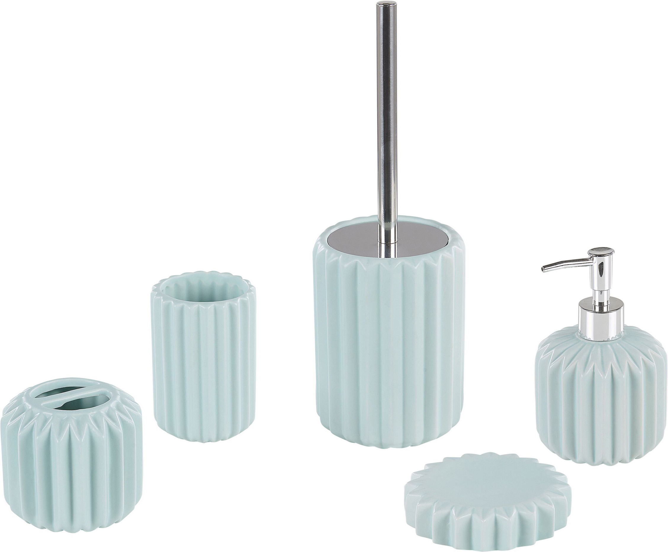 Beliani Bathroom Accessories Set Light Blue Ceramic Retro Vintage Soap Dispenser Toilet Brush Tumbler