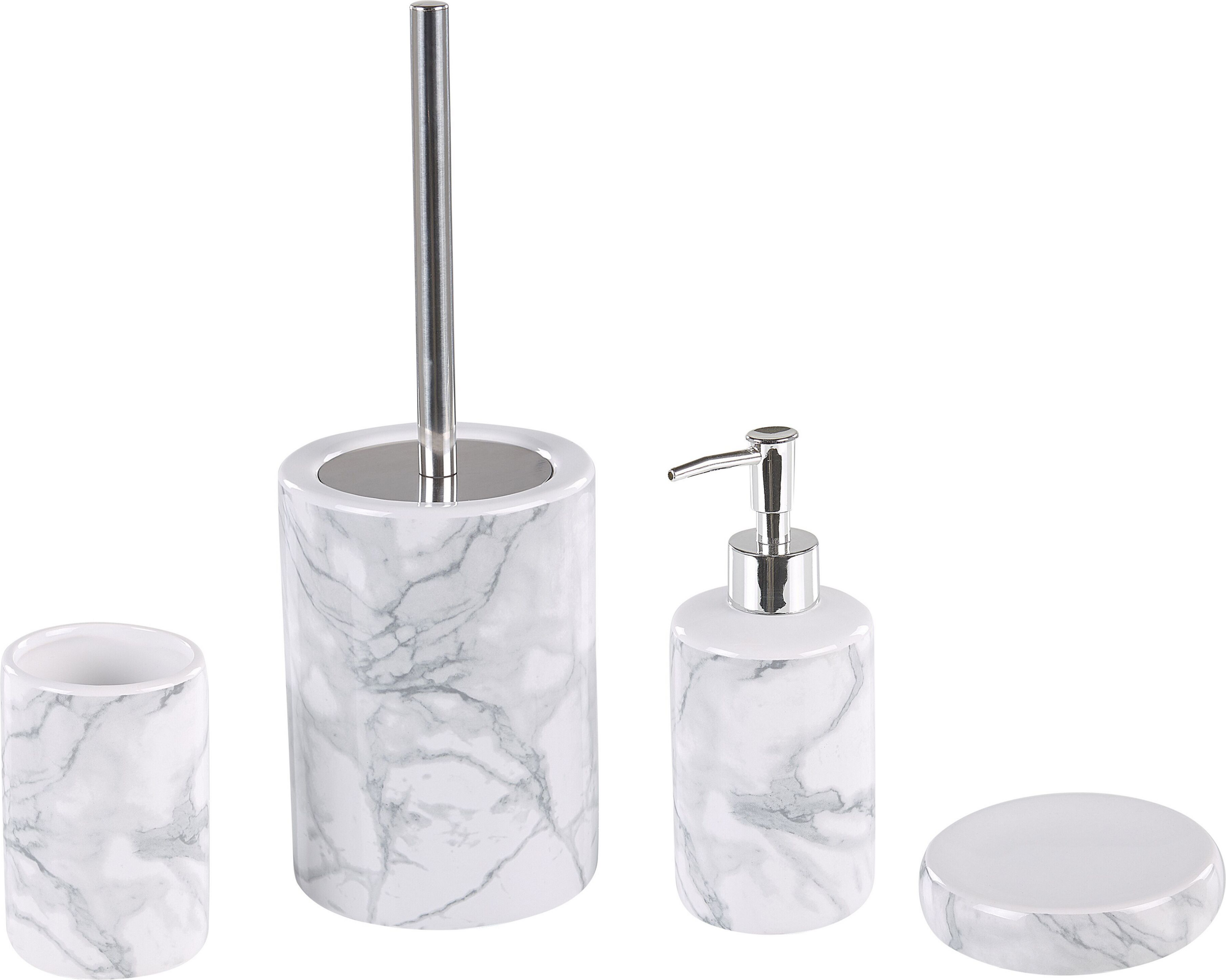 Beliani Four-piece bathroom set, ceramic, white, soap dispenser, toothbrush holder