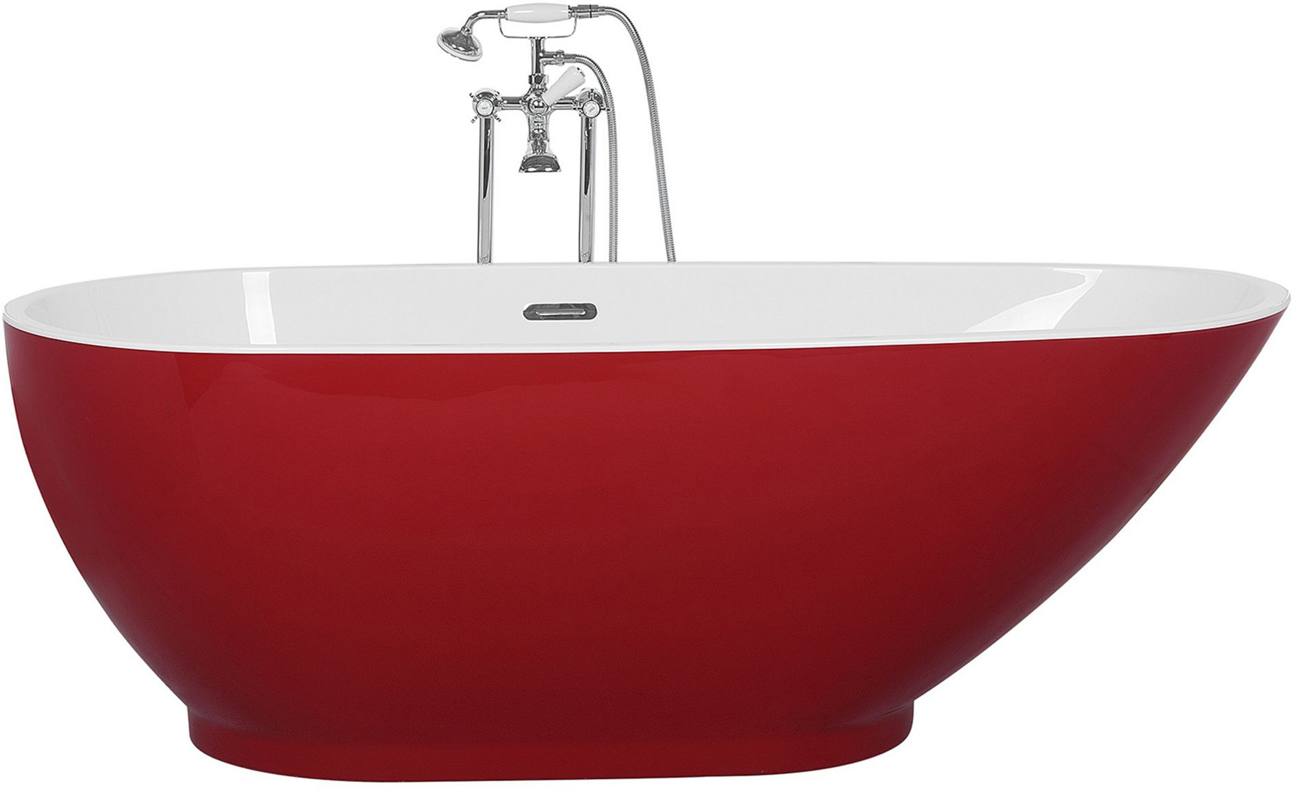 Beliani Freestanding Bath Red and White Sanitary Acrylic Single 173 x 82 cm Oval Modern Design