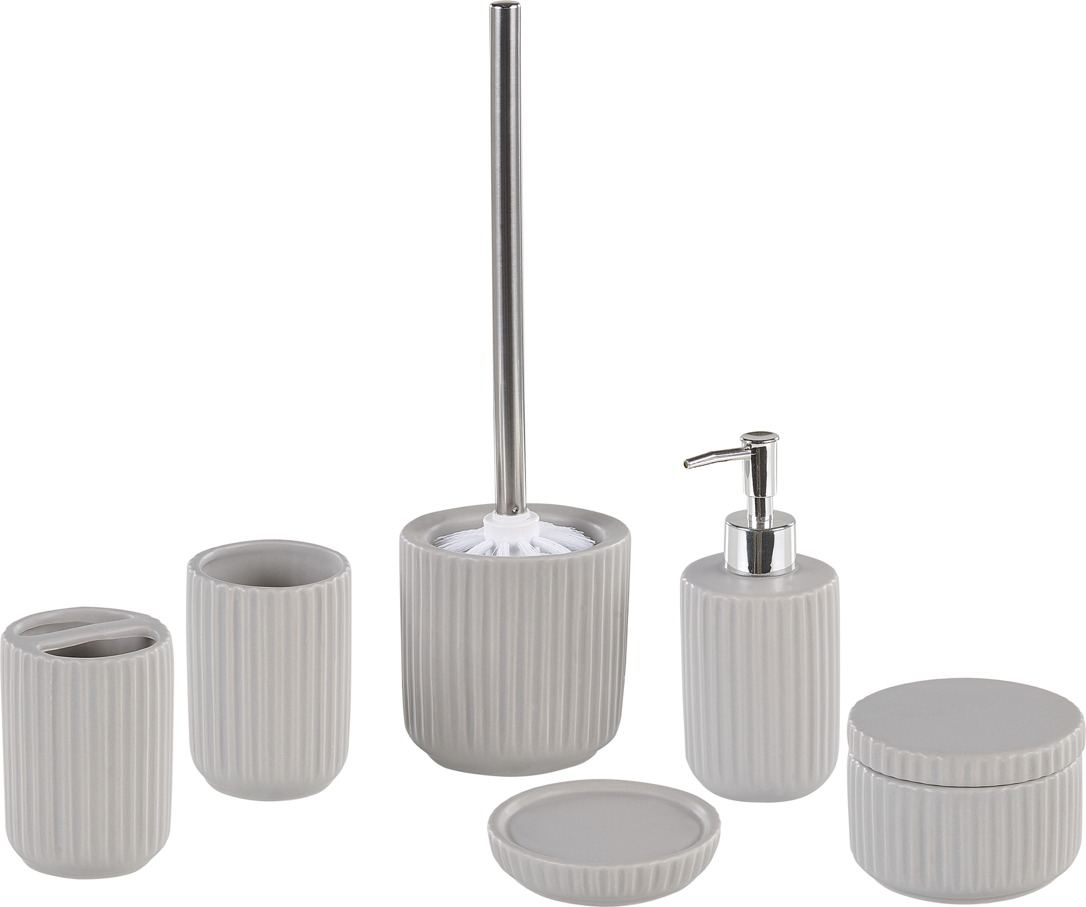 Beliani Bathroom Accessories Set Grey Ceramic Retro Vintage Soap Dispenser Toilet Brush Tumbler