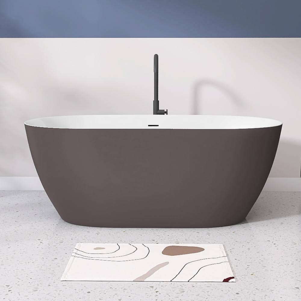 NTQ 59 in. x 30 in. Free Standing Tub Oval Freestanding Soaking Bathtubs Flatbottom Stand Alone Soaker Tub in Matte Gray