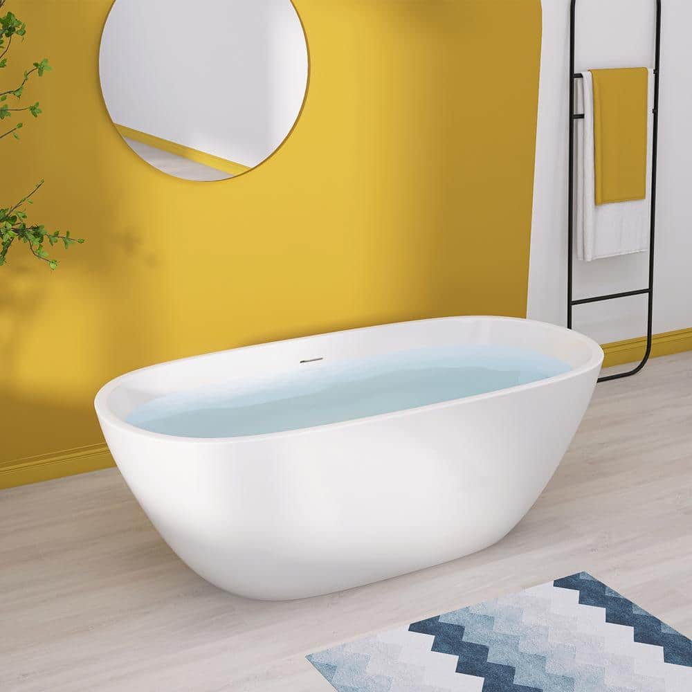 NTQ 65 in. x 29.5 in. Free Standing Soaking Bathtub Oval Freestanding Alone Soaker Tub with Removable Drain in Glossy White
