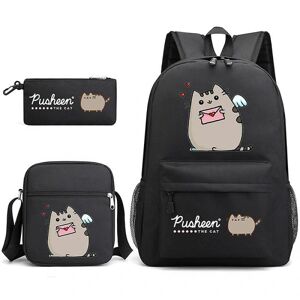 Pusheen Fat Kitty tredelt skoletaske Casual drenge og piger studenterrygsæk print med stor kapacitet udendørs rygsæk (sort)