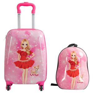 Borg Living Børnekuffert - Kabinekuffert på hjul med rygsæk - Pink med motiv af pige & hund - Rejsesæt til børn