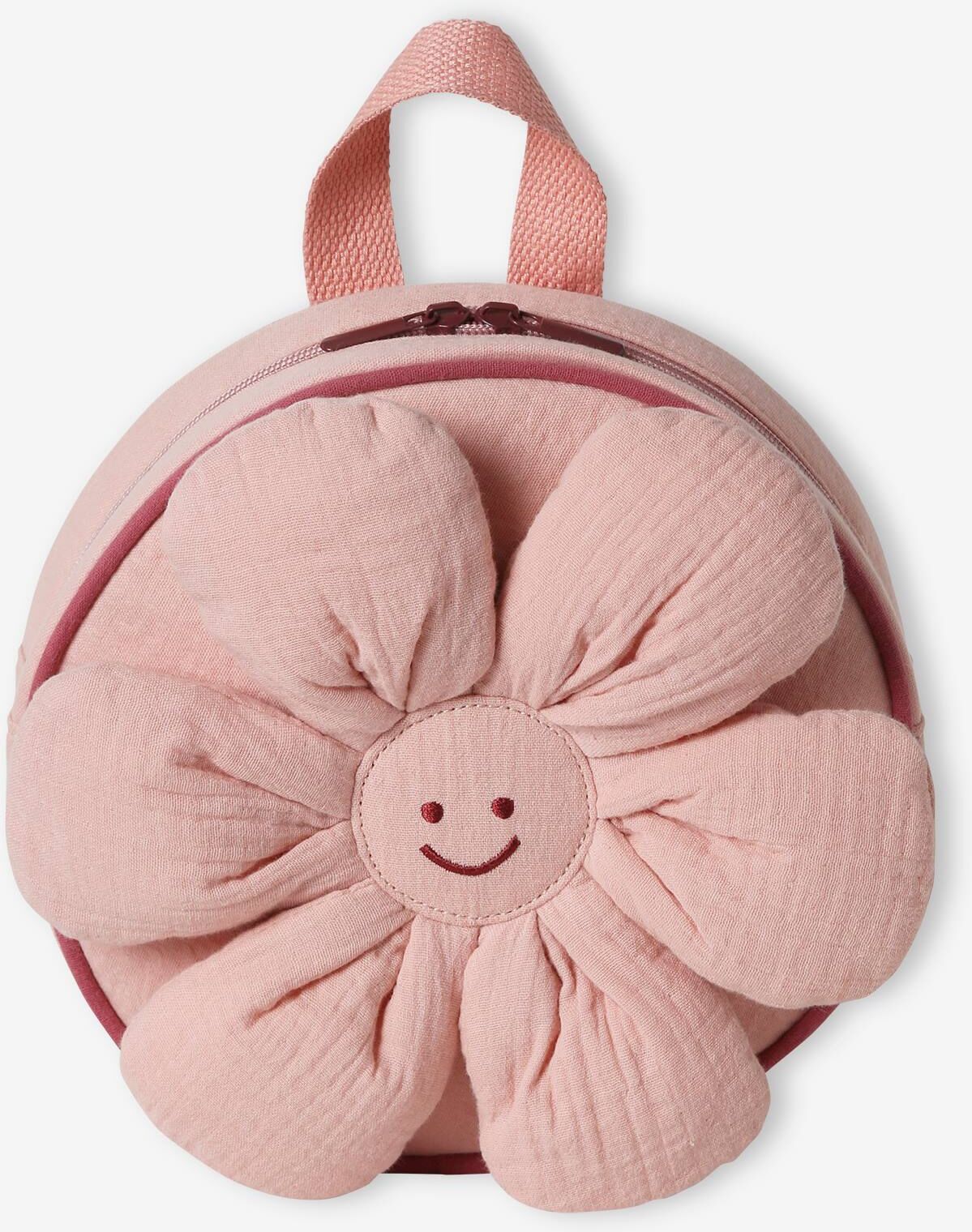 VERTBAUDET Mochila de gasa de algodón «flores» para niña, para preescolar rosa viejo