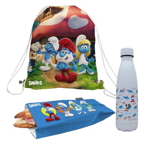 NERTHUS Avontuurlijke smurf set: dubbelwandige roestvrijstalen fles 500 ml, snacktas en rugzak met exclusief smurf design ideaal voor uw reizen en avontuur.