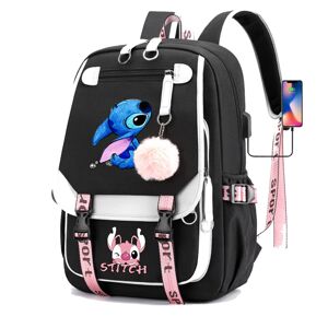 VEISHET (Black) Stitch Students Backpack Boys Girls Outdoor Cartoon Daypack With Usb Cha