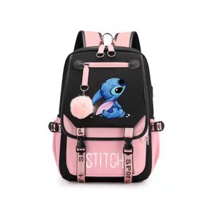 Unbranded (Pink) Stitch Students Backpack Boys Girls Outdoor Cartoon Daypack With USB Char