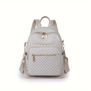 Temu Retro Pu Leather Backpack Purse, Geometric Pattern Daypack, Casual Two-way Shoulder Bag, Fashion Travel Schoolbag White