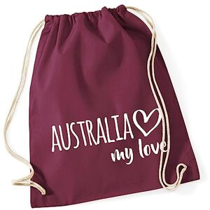 Hellweg Druckerei Huuraa Gym Bag Australia My Love Backpack Cotton 12 Litres Size for All Fans of Australia Gift Idea for Friends and Family, burgundy, standard size, daypack