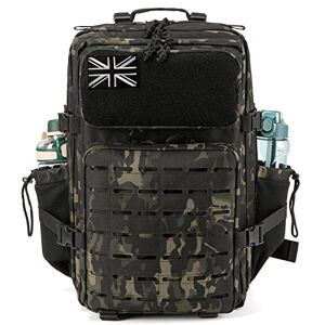 QT&QY Military Tactical Backpacks For Men Army Laser cut Molle Daypack 45L Large 3 Day Bug Out Bag Gym Rucksack With Dual Cup Holders Black Camo