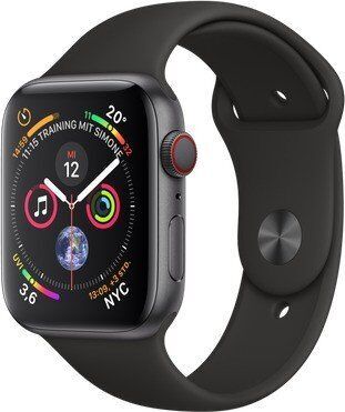 Apple Wie neu: Apple Watch Series 4   44 mm   Aluminium   GPS + Cellular   grau   Sportarmband schwarz