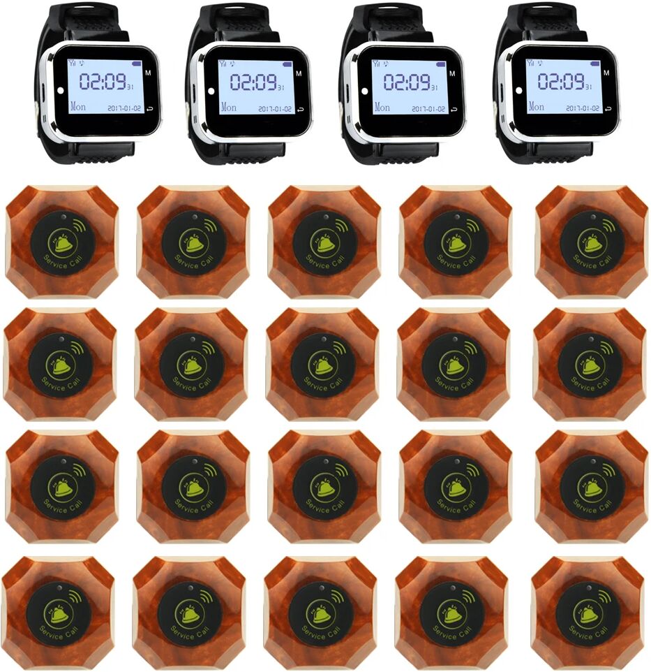 JINGLE BELLS 20 Calling Buttons 4 Watch Pager for Restaurant, cafe, bar/ Wireless Service Call Bell Wireless Calling System