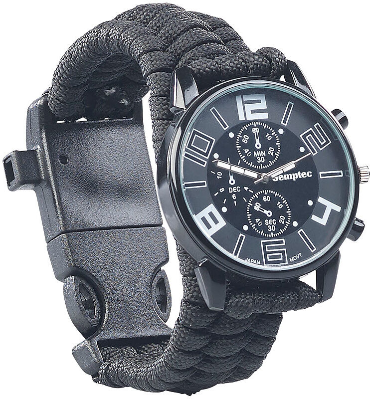 Semptec Urban Survival Technology 5in1-Armbanduhr mit Paracordband, Feuerstahl, Kompass, Notfallpfeife