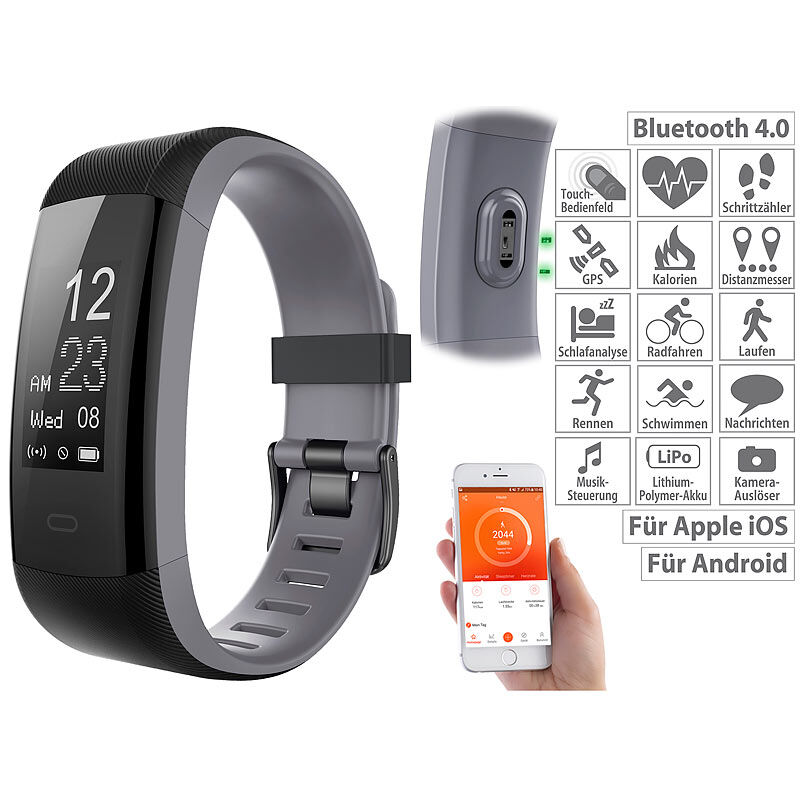 newgen medicals Premium-GPS-Fitness-Armband, XL-Touchdisplay, Puls, 14 Sportarten