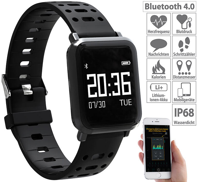 newgen medicals Fitness-Uhr mit Blutdruck- & Herzfrequenz-Anzeige, Bluetooth 4.0, IP68