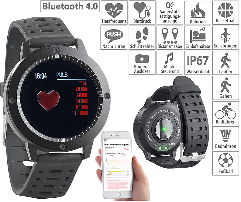 newgen medicals Fitness-Uhr, Touch-Farbdisplay, Blutdruck- & Herzfrequenzanzeige, IP67