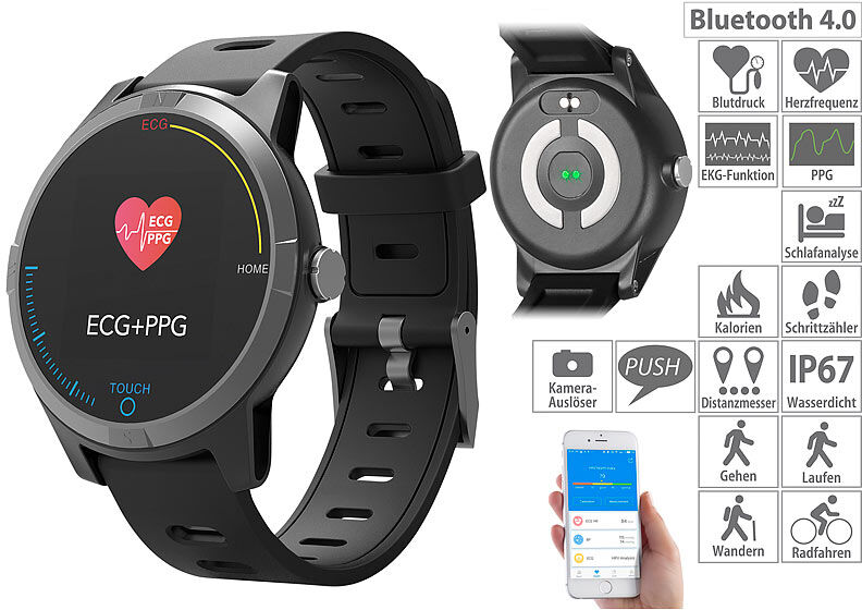 newgen medicals Fitness-Uhr mit Bluetooth, Herzfrequenz- und EKG-Anzeige, App, IP67