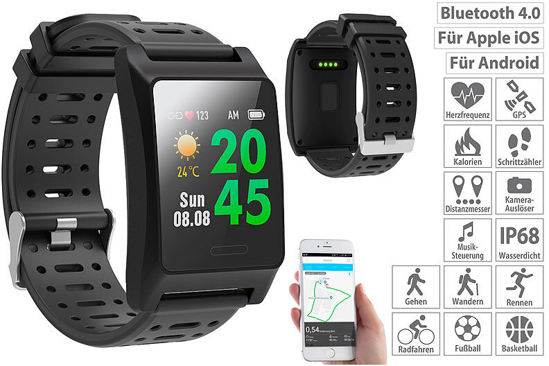 newgen medicals Fitness-GPS-Smartwatch, Herzfrequenz-Anzeige, Farb-Display, App, IP68