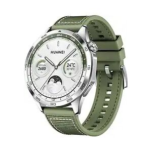 Huawei Watch GT 4 46 mm silber am gewobenen Stoffarmband grün