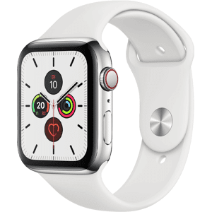 Refurbished Apple Watch Serie 5   44mm   Stainless Steel Silber   Weißes Sportarmband   GPS   WiFi + 4G A-grade