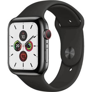 Refurbished Apple Watch Series 5   44mm   Stainless Steel Schwarz   Schwarzes Sportarmband   GPS   WiFi + 4G A-grade