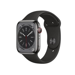 Refurbished Apple Watch Serie 8   45mm   Stainless Steel Graphit   Schwarzes Sportarmband   GPS   WiFi + 4G C-grade