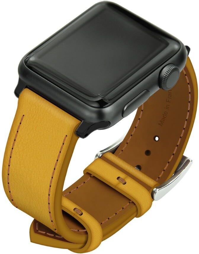 Noreve Lederarmband für Apple Watch Jaune soulèu Uhrengehäuse - Einlagen 42 / 44 / 45 mm schwarz + silberne Dornschliesse