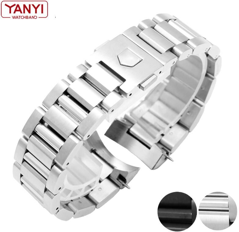 Freesh Stainless Steel Watchband 22mm Solid Metal Band Curved End Watch Strap Mens Watch Bracelet Silver Black Color