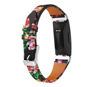 Generic Fitbit Inspire / Inspire HR urrem i ægte læder med blomstermotiv - sort rød rosa