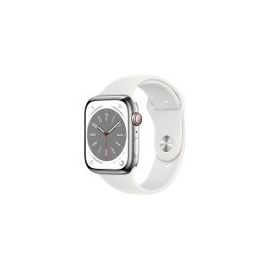 Apple Watch Series 8 (GPS + Cellular) - 45 mm - sølv rustfrit stål - smart ur med sportsbånd - fluoroelastomer - hvid - båndstørrelse: Almindelig - 32 GB - Wi-Fi, LTE, Bluetooth, UWB - 4G - 51.5 g