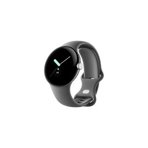 Google Pixel Watch - Poleret sølv - smart ur med bånd - fluoroelastomer - trækul - båndstørrelse: L - 32 GB - Wi-Fi, NFC, Bluetooth - 36 g