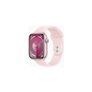Apple Watch Series 9 (GPS) - 45 mm - pink aluminum - smart ur med sportsbånd - fluoroelastomer - light pink - båndstørrelse: S/M - 64 GB - Wi-Fi, UWB